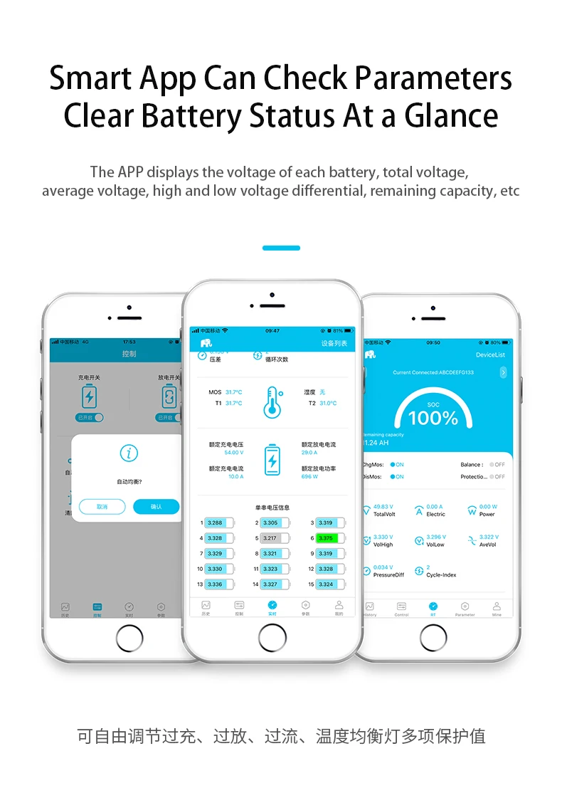 JiaBaiDa PC APP Communicate Smart BMS 6S 7S 8S 10S 13S 14S 15S 16S 20S 21S 24V 36V 48V 60V 72V LFP NMC BMS