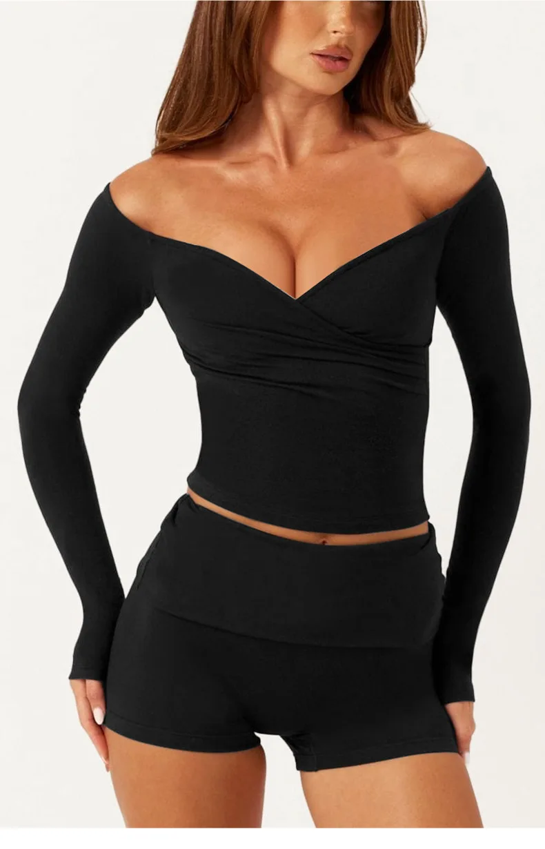 Womens Off Shoulder Yoga Set Long Sleeve Crop High Waist Leggings Quick Dry Breathable Fitness Outfit — detail