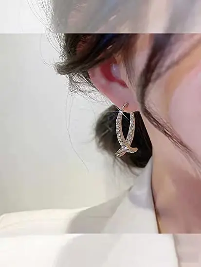 SC New Korean Style Fashion Earrings Cross Zircon Curved Earrings Creative Gold Plated Front Back Exchangeable Diamond Earrings