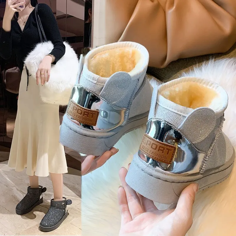 Snow   women 2020 new short tube all-match flat snow boots women fur boots for women hiking boots