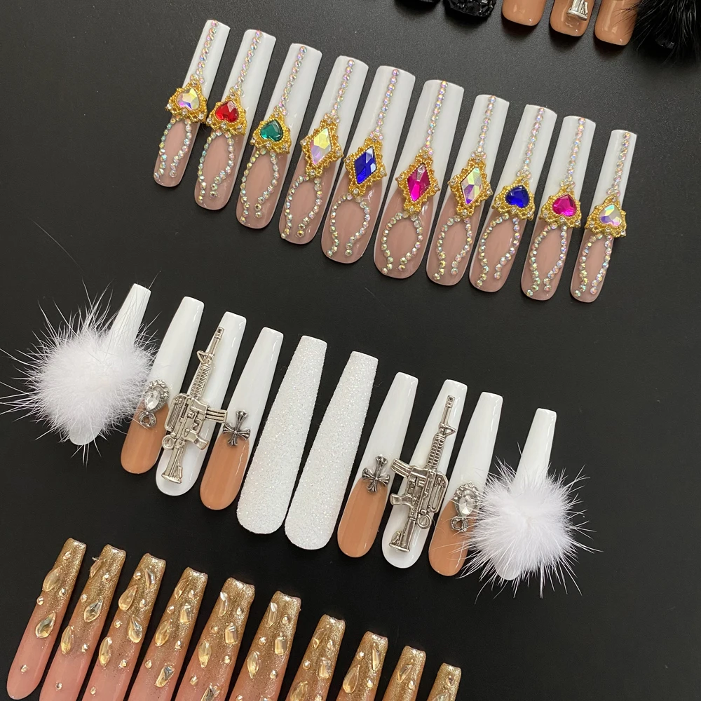 Hand Crafted Thick Acrylic Nails with Sexy Rhinestones Luxurious Custom Designed Wholesale 100% Handmade Extra Long Nails