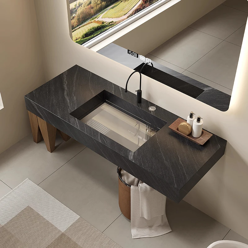 product waterproof bathroom cabinet transparent glass bottom suspended rock board bathroom fluted cabinet washbasin combination-7