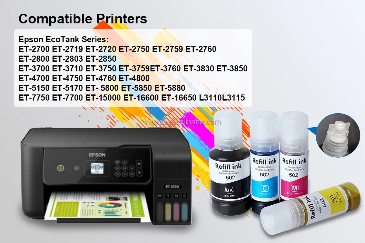 Recharges Encre Sublimation T502 502 - Compatible Epson EcoTank ET-2800 ET-15000 ET-4760 Etc. Kit Complet