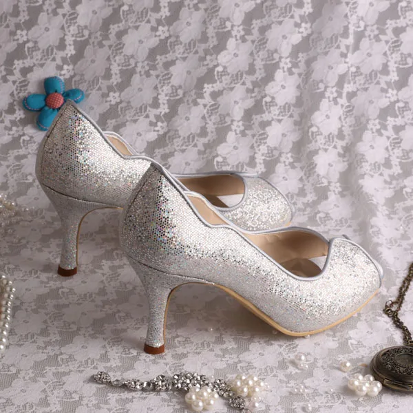 Women's Silver Glitter Low Heel Pumps Shoes | eBay