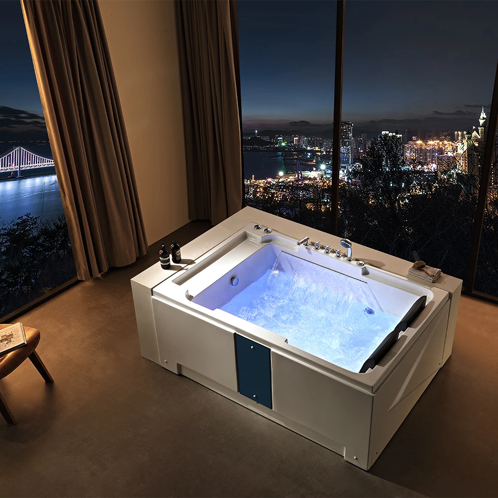 Two-Pillar Freestanding Rectangular White Acrylic Bathtub Stylish Design Bathroom Massage Bathtub