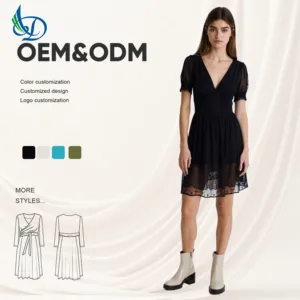 Women's Dignified Office Women's Dress with Black V-neck Bubble Sleeves, Solid Color Breathable Casual Dress