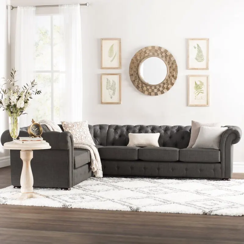 L Shape Sectional Curved Linen Tufted Settee Wood Chesterfield Sofa for Living Room Lounge Room