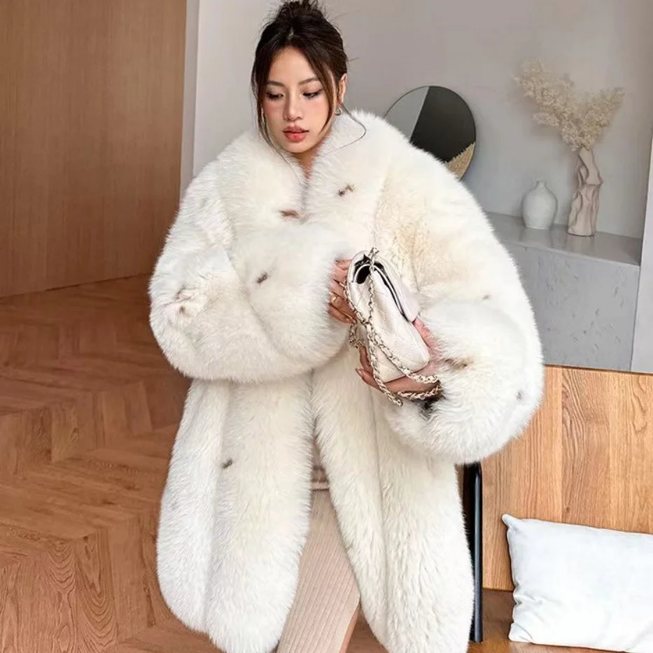 Women's Full Leather Fox Fur Coat with Midi Loose Spotted Design
