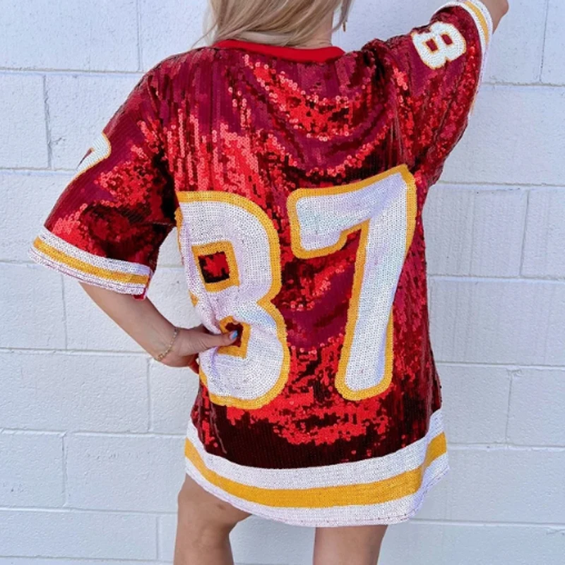 Custom Football Game Day Sequin KC Dress 87 Number KC Sequins T-Shirt Dress  Kansas City Sequin Dress