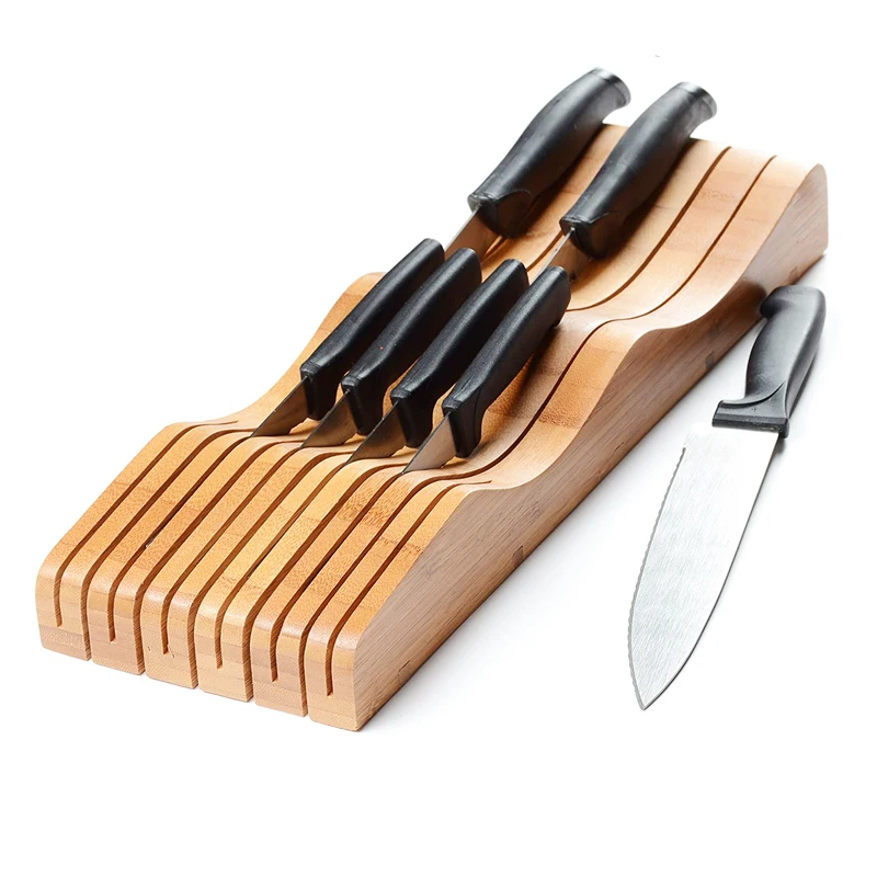 Wholesale Eco-friendly Bamboo Knife Drawer Organizer Insert Wood In-Drawer Knife Block