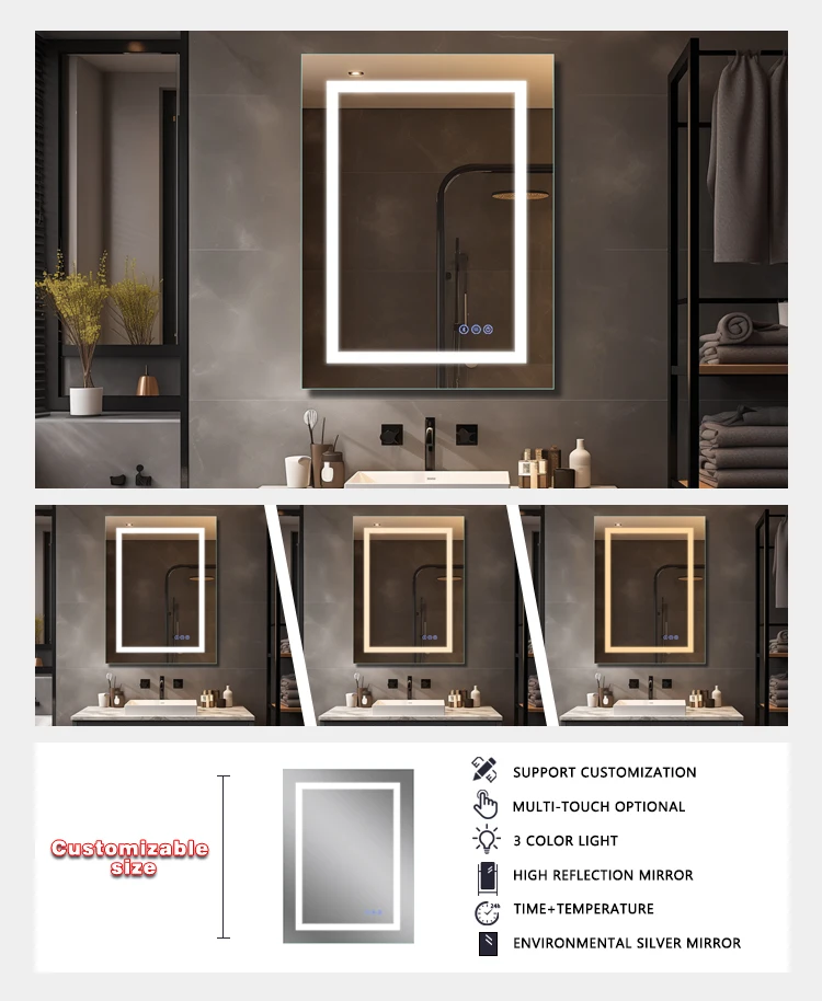 product led illuminated bathroom mirror wall hanging fogless backlit home decoration ip44 rated lighted wall mounted mirror-4