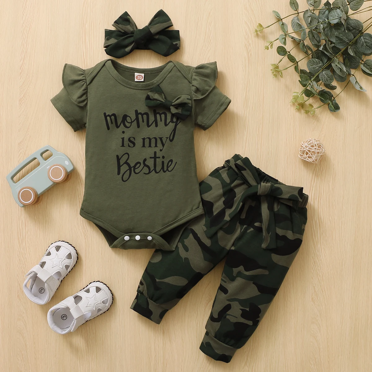 NCONCO Baby Girl Outfits Long Sleeve Romper Camouflage Pants with Headband Fashion Clothes 3Pcs/Set 