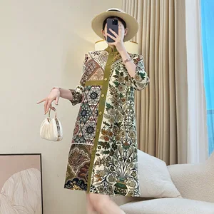 Miyake style new Chinese retro national style pleated dress spring and autumn new high-end printed clasp cardigan long skirt