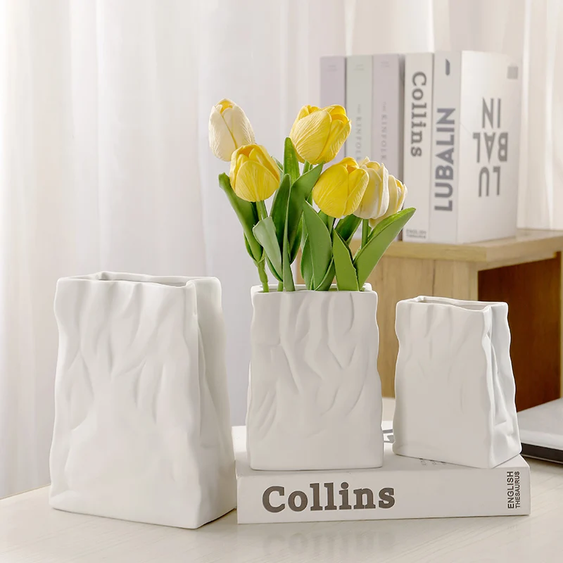 Factory Wrinkled Paper Bag Vase Ceramic Flower Pot for Home Garden Tabletop White Vases for Decor