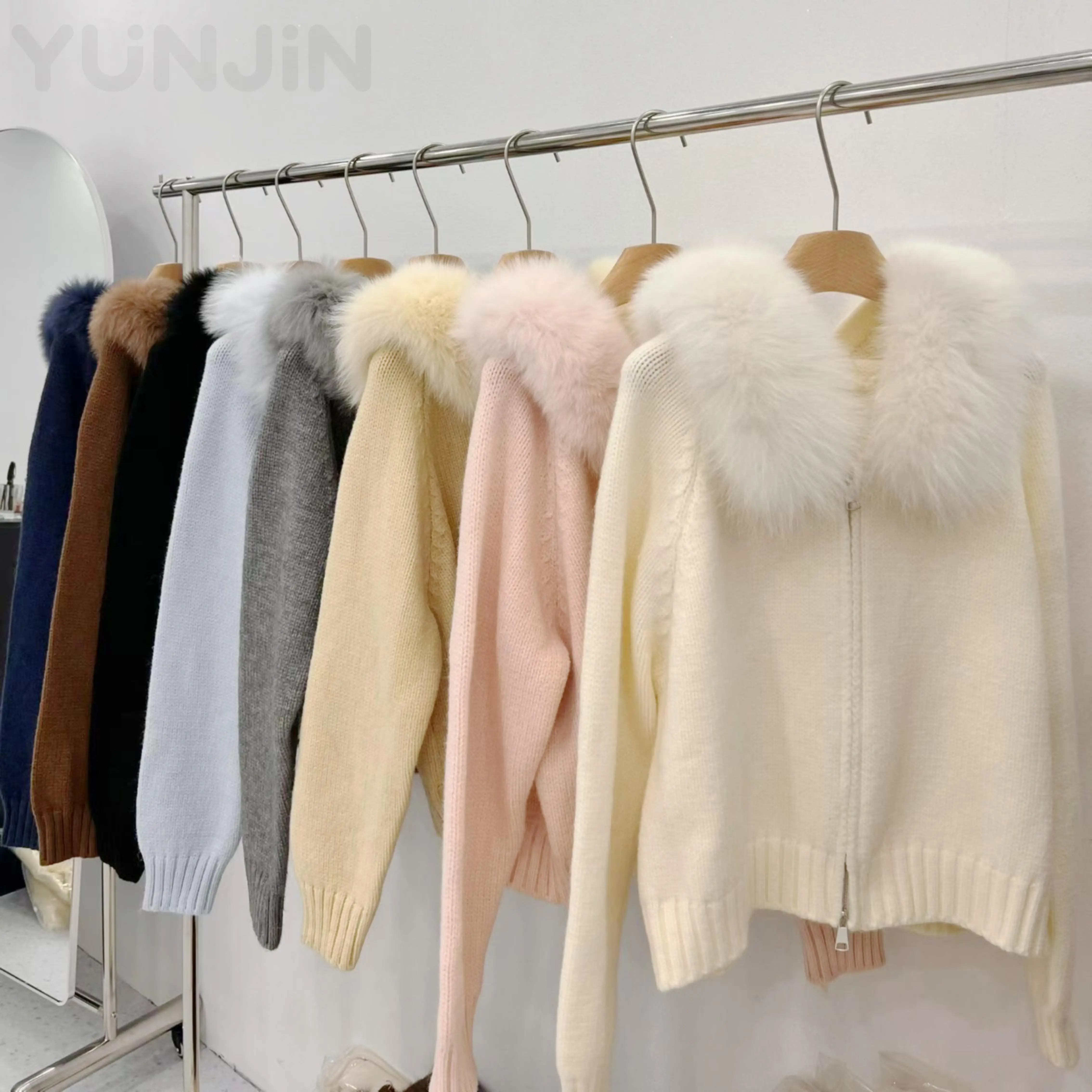 Autumn Real Fox Fur Trim Hood Women Knit