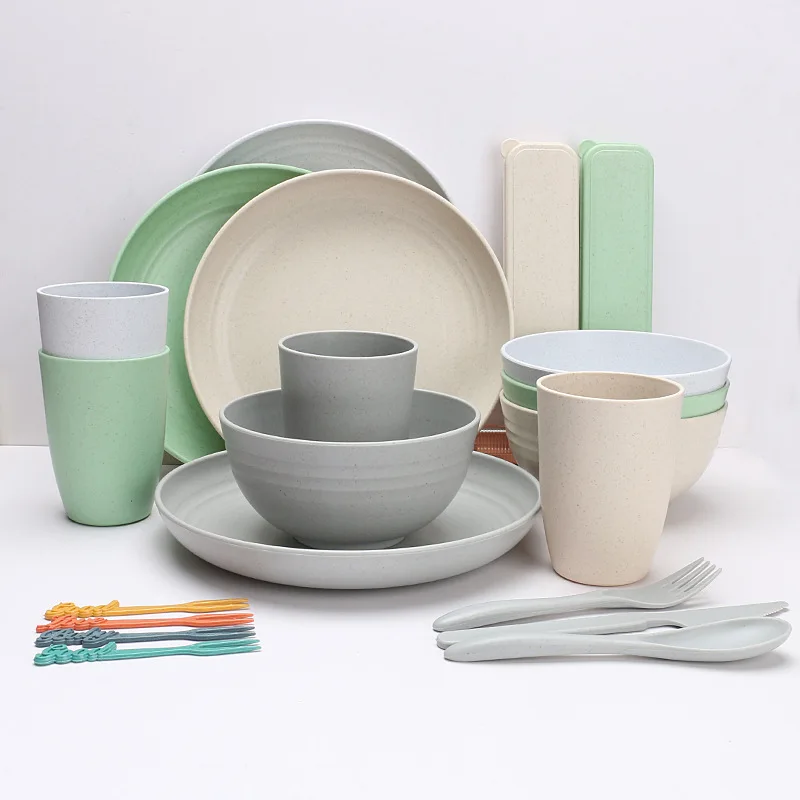 Lightweight Wheat Straw Dinnerware Sets Unbreakable Plates Cutlery Sets Wheat Straw Tableware Set