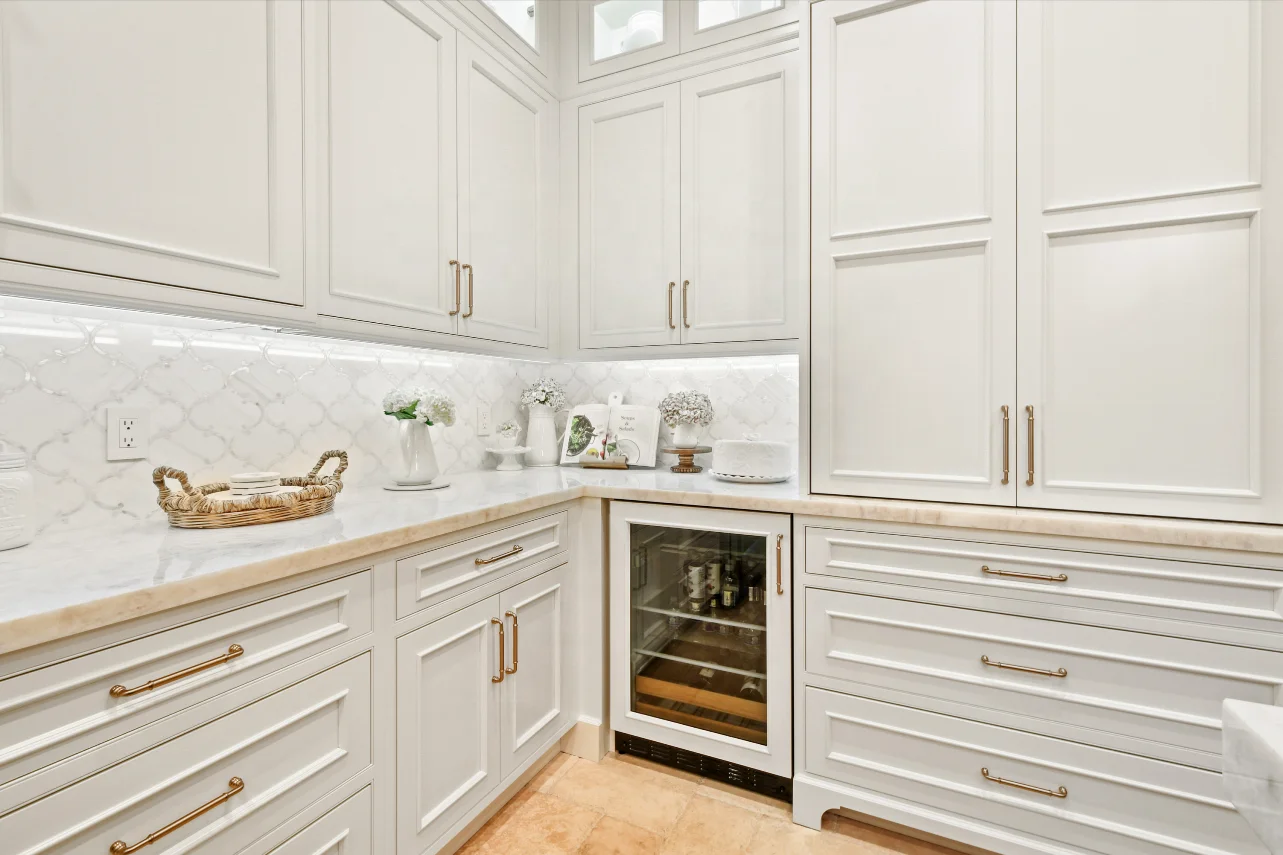 Gorgeous French Country Style Kitchen Design Featuring a Rustic Cherry Hood With Coordinating Island and White Inset Cabinetry