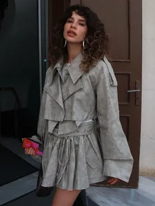 New Retro Suede Cropped Trench Coat Set Women's Oversized Flared Sleeve Waist-tied Pleated Skirt Two-piece Set