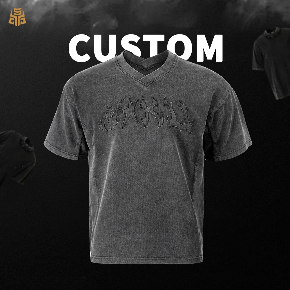 커스텀 빈티지 산세척 스트리트웨어 오버사이즈 100% 코튼 티셔츠 300그램 빈 디자인 새 패치 자수