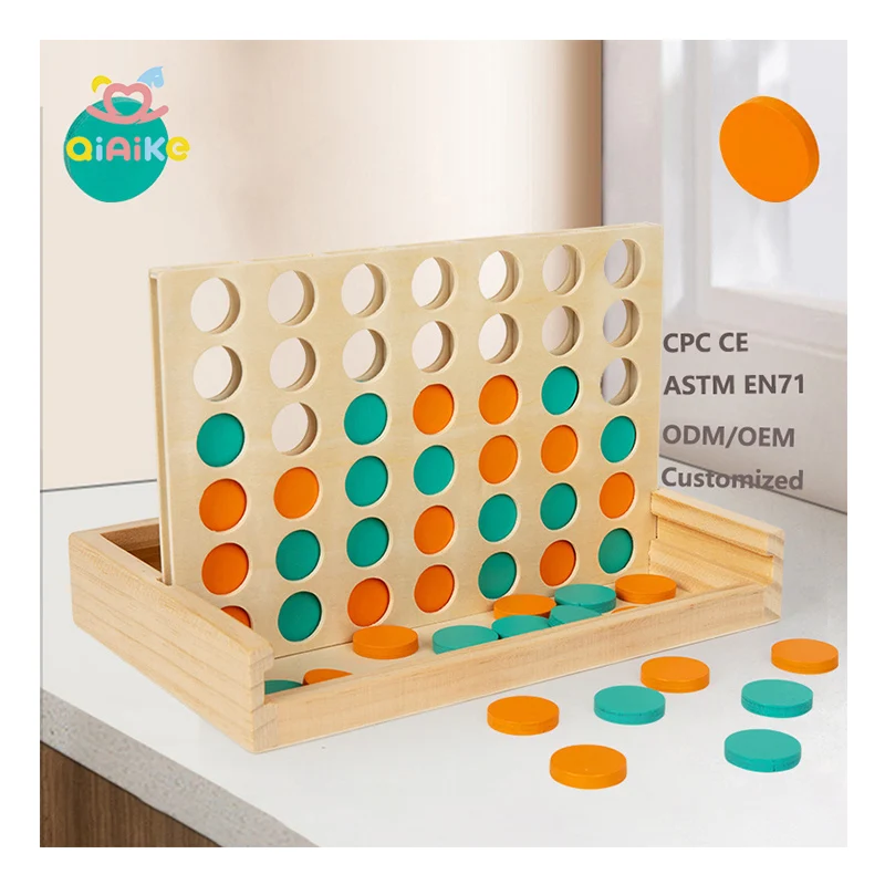 Classic 4-in-a-Row Strategy Board Game Set Unisex Wooden Table Toys for Adults and Children for Family Travel & Gifts