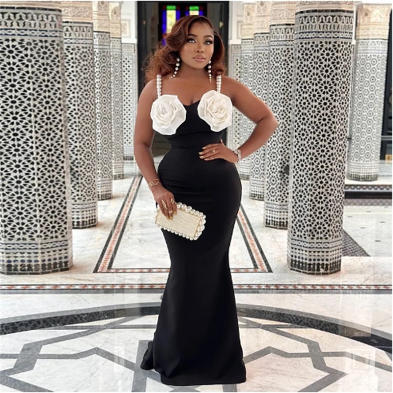 Ladies Pearl Halter Backless Long Evening Dresses Fashion Flower Decoration Elegant Dress for Women
