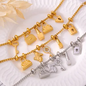 MW Vintage Art Deco Charms Bracelet 18K Gold PVD 316L Stainless Steel, Tarnishproof Bag Lock & Geometric Replaceable Charms