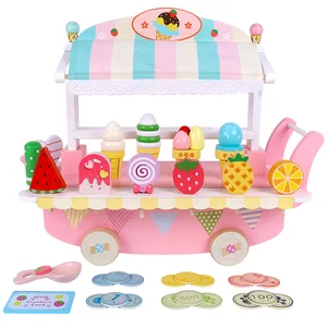 Kids Wooden Ice Cream Cart Set with Pretend Popsicles and Cones for Fun Role Play and Early Learning Home Activities