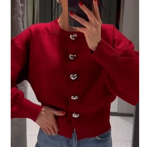 5536032 Women's 2025 Spring New Heart-shaped Button Puffy Long-sleeved Plain Knit Sweater