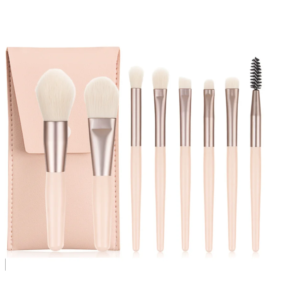 Высокое качество, 8 комплектов в партии, мини-ПК с набор кистей для макияжа с местом для хранения с сумочкой в тон розового цвета макарунов, кисть для нанесения основы под макияж с деревянной ручкой из мягкого меха Портативный косметический набор