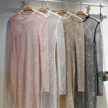 2024 new Sparkling hot crew neck long sleeve dress mesh colored transparent skirt