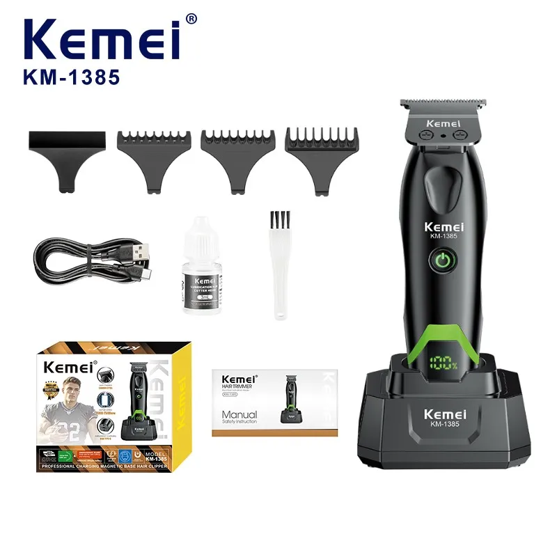 Tondeuse pour salon sans fil KEMEI KM-1385, batterie de 1400 mAh, lame en acier, 7500 tr/min, station de charge, outil de coiffure pour barbier, vente en gros directe d’usine