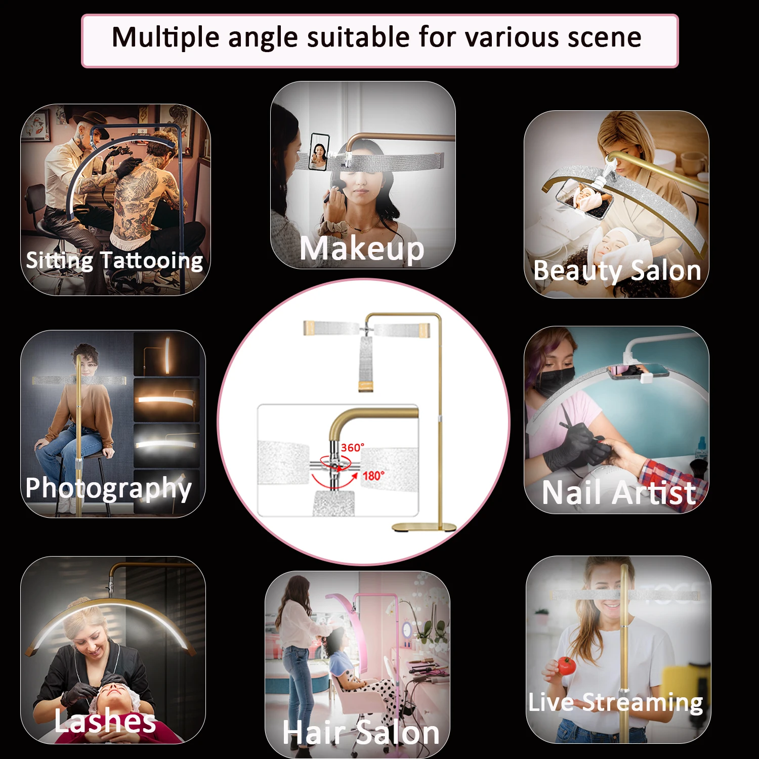 FOSOTO 28inch Multiple Beauty Eyelash Light Cosmetics Floor Lamp Half Moon Floor Lamp for Lashes Bed Bedside LED Fill Ring Light
