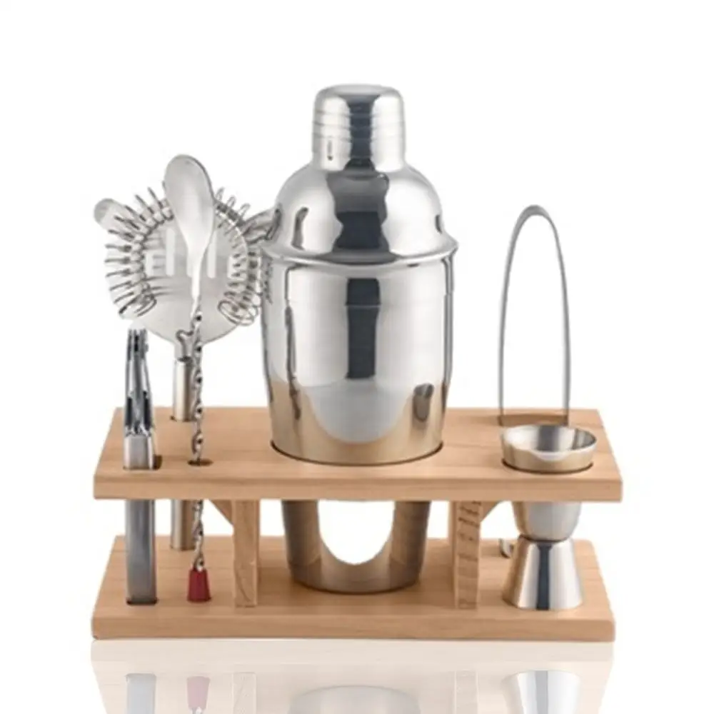 Glass Kit Bartender Barware Stainless Steel Cocktail Shaker Set 550ml Stainless Steel Cocktail Shaker Bar Set with Bamboo Stand