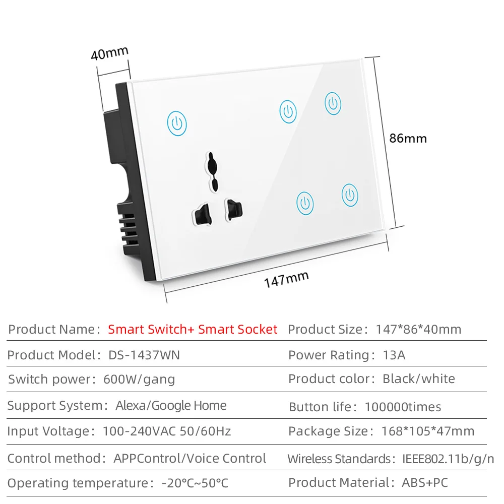 Smart WIFI 4Gang 1Way Wireless Touch Switch With 3Pn Electrical Multi Function Wall WIFI Socket with Alexa Google Home