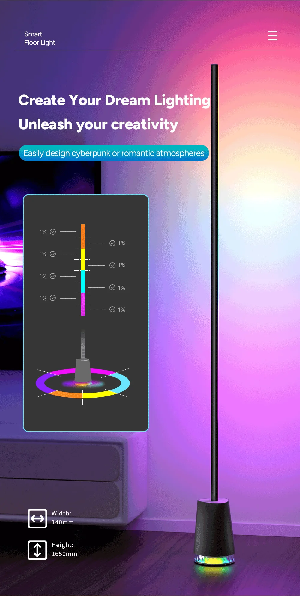 CLLighting1.65M RGBLED Floor LampHiFiSound RF Remote Built-in Speaker，Aluminum Metal Simplicity for Game Environment Decoration