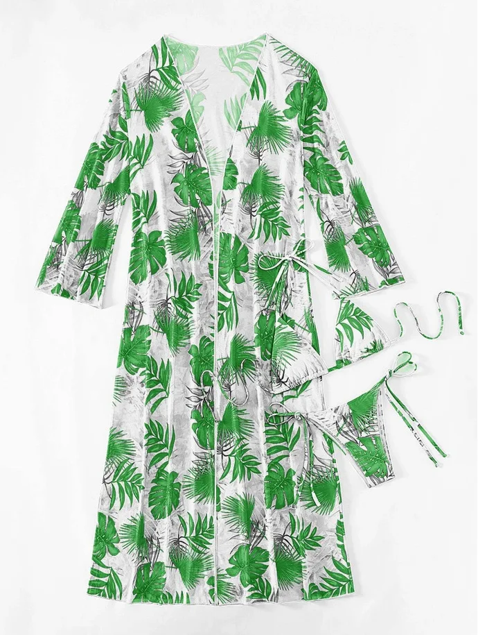 8Colors Ties Details Sexi Lady Basic Bikini Set Long Beach Kimono Print 3Pieces set Swimwear