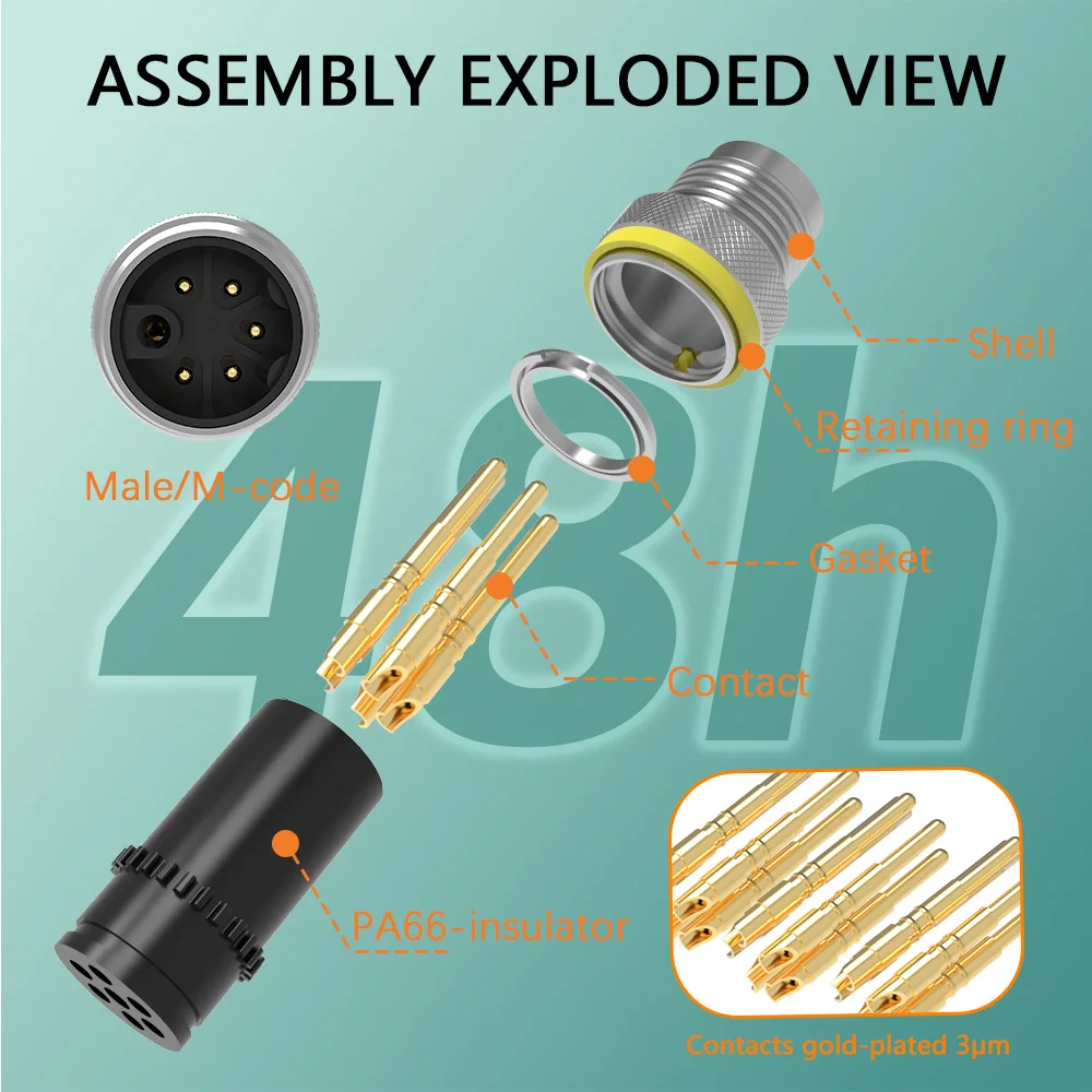 M12 5 Pin M Code Injection Molding Cable Connector Electrical Industrial Solder Moldable Male Plug IP67 Power Circular Connector