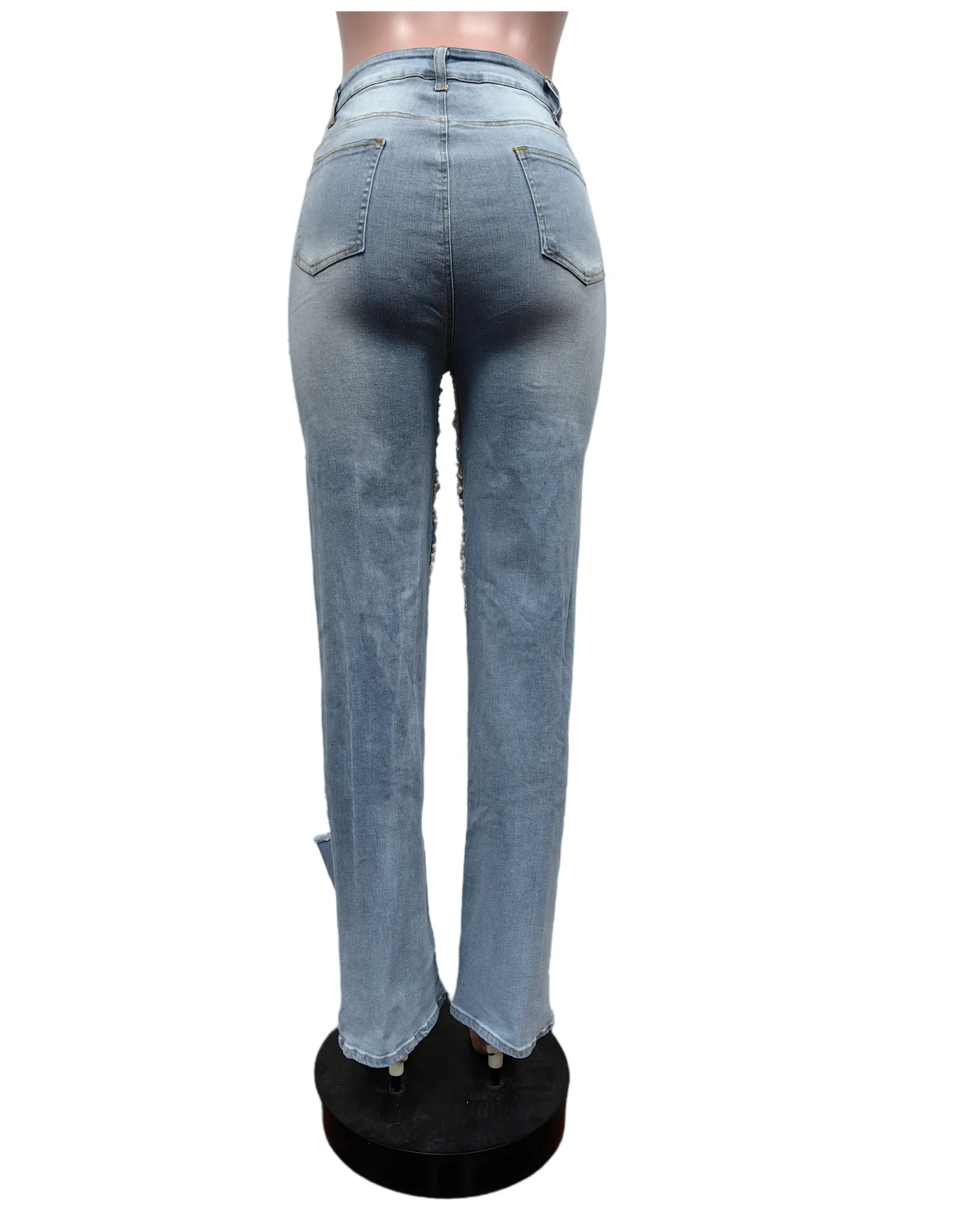 Hollow Out Pearl Patchwork Unique Design Cotton Custom Washed Stretched Ripped Pants Ladies Casual Denim Jeans Trouser for Women