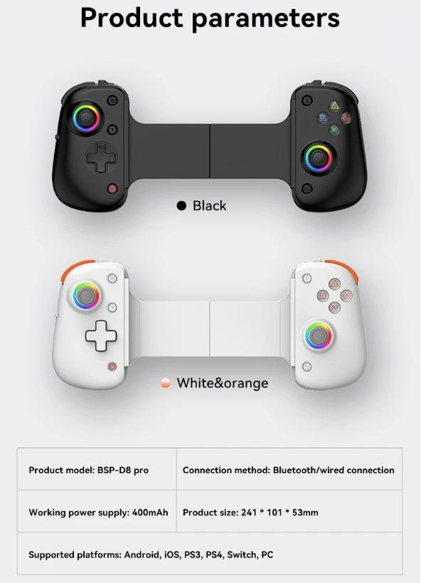 BSP D8 PRO RGB Tablet Controller Hall Rocker Wireless Handle for Switch Gamepad Stretching Joystick Control for P3 P4 Android IO