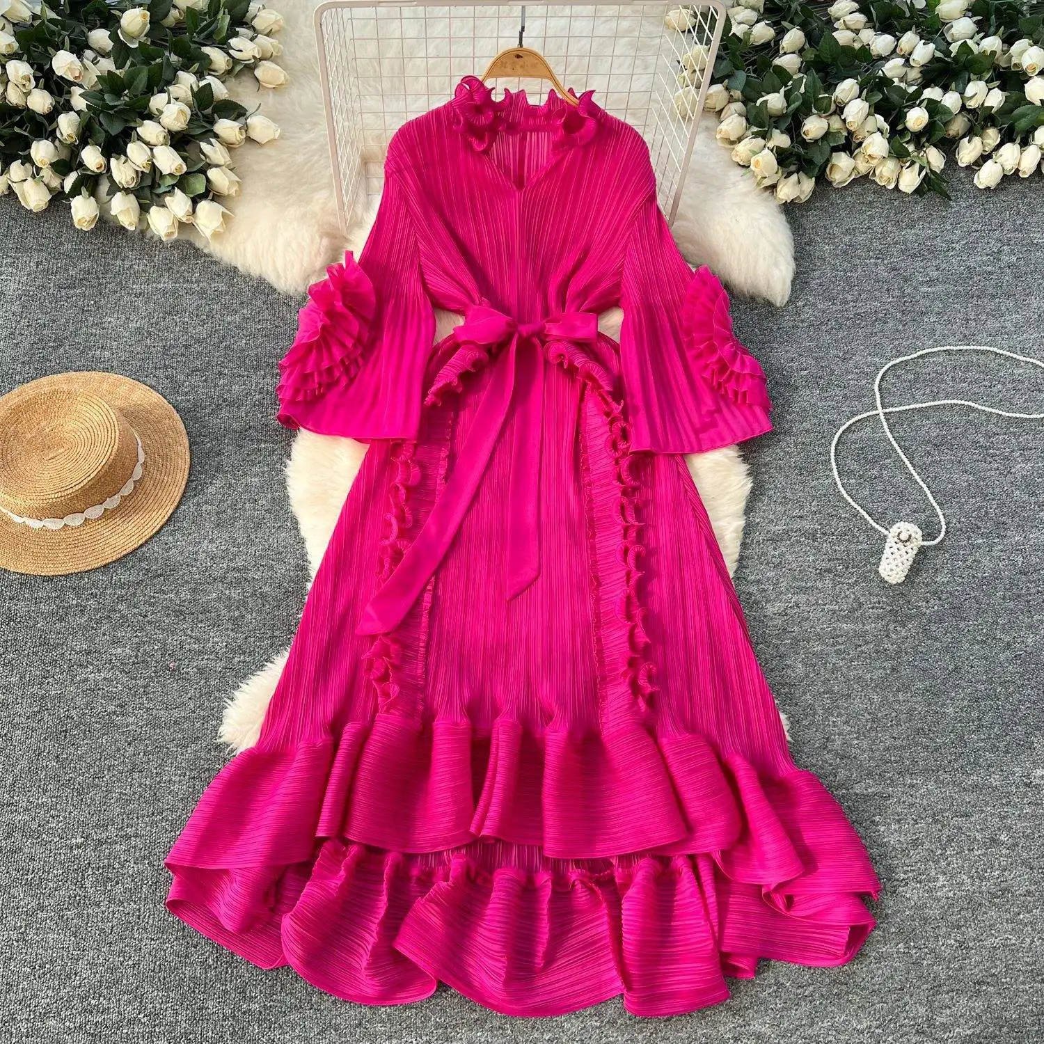 Miyake New Style Export Pleated Hand-Cranked Flower Trim Fashion Plus Size Long Dress Abaya Women Dress