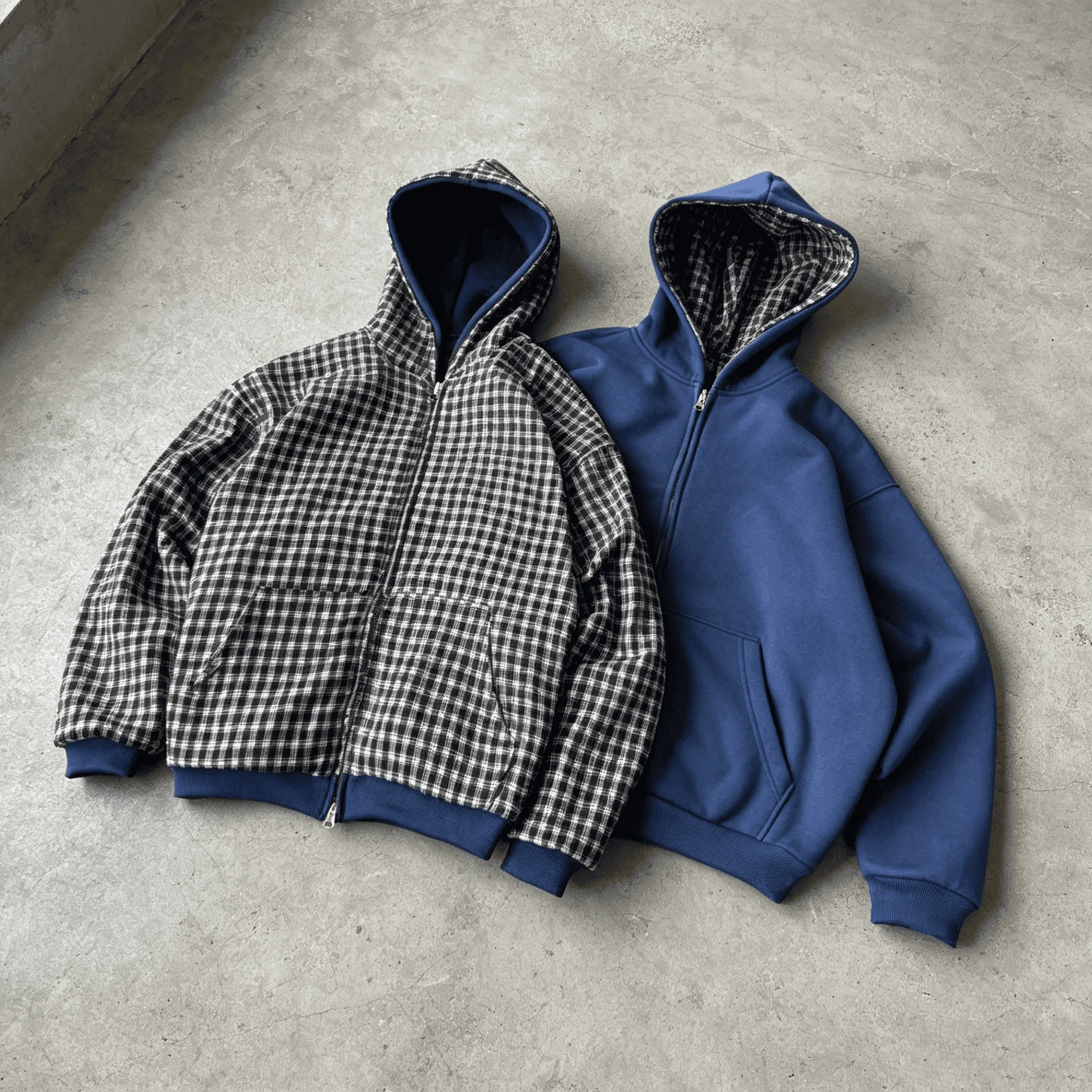 Custom Made Men's Reversible Flannel Checked Dropped-Shoulder Oversized Double-Zip Hoodie Y2K Streetwear gallery 6