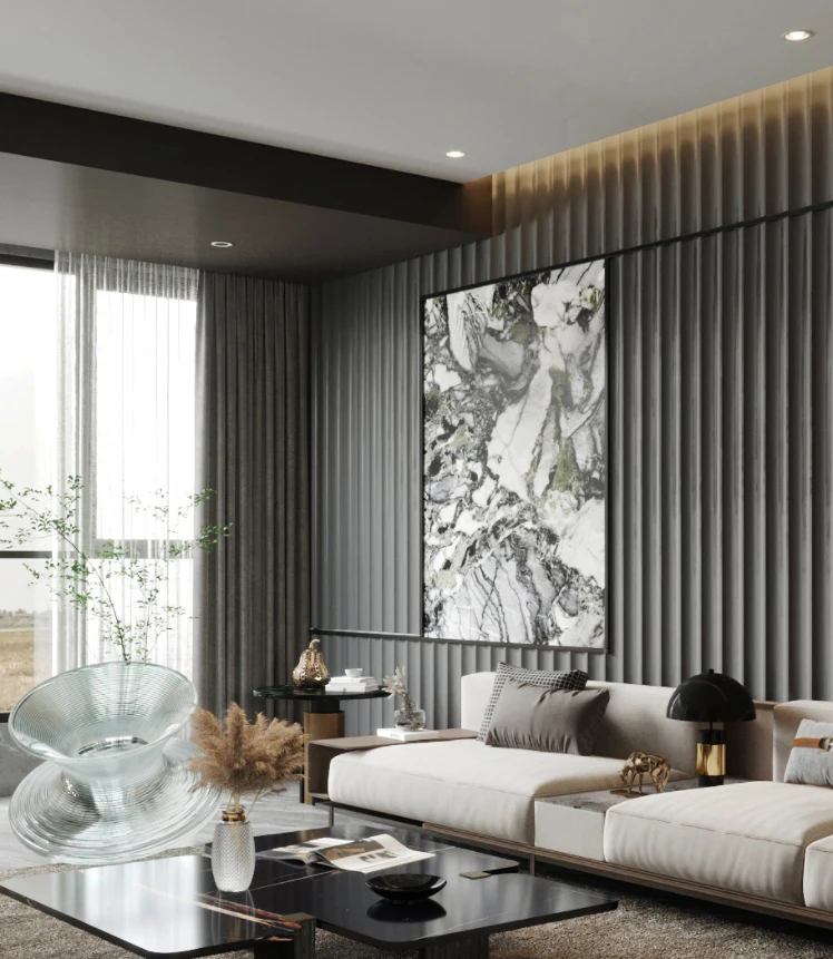 Melinco Modern Nyhet Noll formaldehyd Vattentät PVC Inomhusdekoration Väggpanel Rea väggpanel 3D steneffekt Lätt att installera
