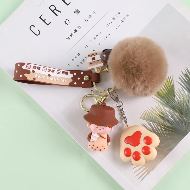 Lilangda 2022 Bubble Baba Milk Tea Design Pom Pom Nail Clippers Cat Paw Keychain Laveros Porte Cl Liquid Keychain Plastic Metal