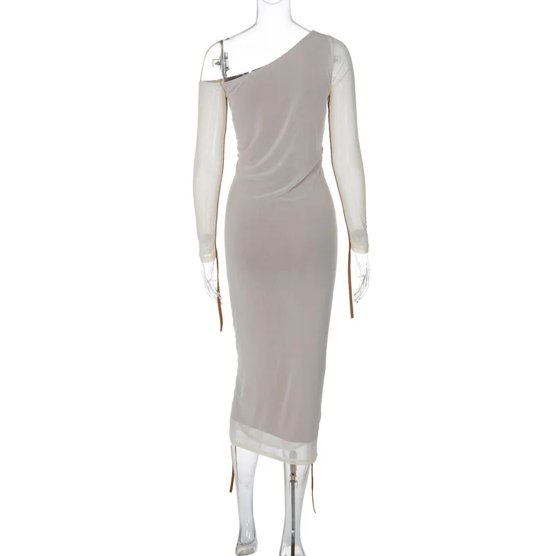 RedPeony Women Two Layer Mesh Backless Ruched Bodycon Club Party Sexy Long Dress Diagonal Collar Long Sleeve Midi Dress
