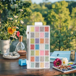 Metallic Watercolor Pan Set with 28 Unique Shades & Paint Brush Pearlescent Colors for Drawing on Canvas & Glass