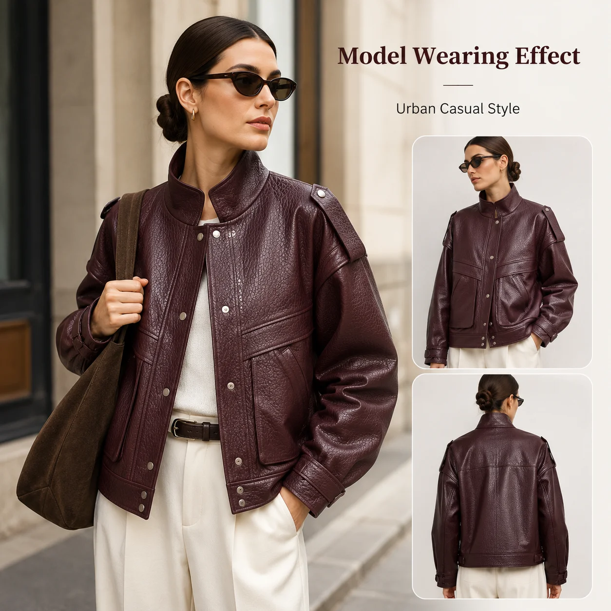 Genuine Leather Sheepskin Jacket Small Stand Collar Niche Design Pocket Shape China Spring European-American Style