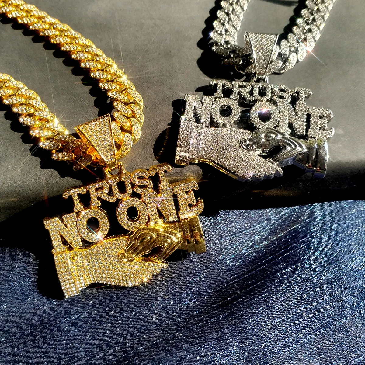 Hip Hop Trust No One Iced Out Chain Pendant Necklace, 13mm Cuban 