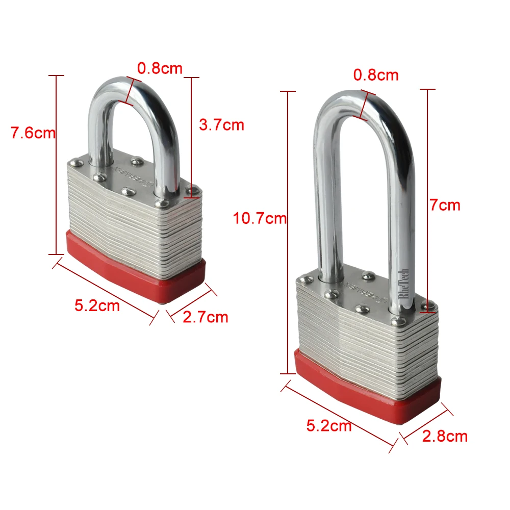RHETECH Smart Iron Security Padlock Hot Selling Red Rubber with Long and Short Shackle Pin Lock Keys Hardened Steel Material