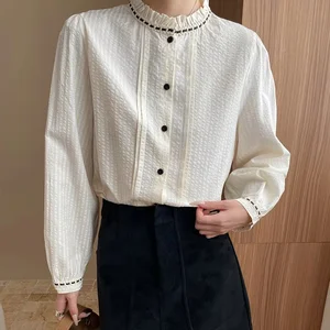 Custom Women's Shirt with Ruffle Stand Collar, Button-Decorated, Solid Color Women Blouse