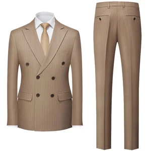 Men's New Double-Breasted Korean Slim Striped Business Suits Two-Piece Double Open Host Wedding Groom Outfit